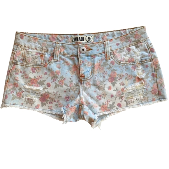 Zanadi Pants - Zanadi Floral Distressed Frayed Hem Shortie Shorts Junior 9 Blue Pink FLAWS